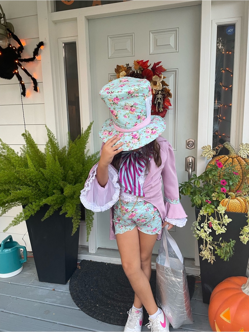 Mad Hatter Costume-Girls Floral Top Hat & Short Set in Mint Pink